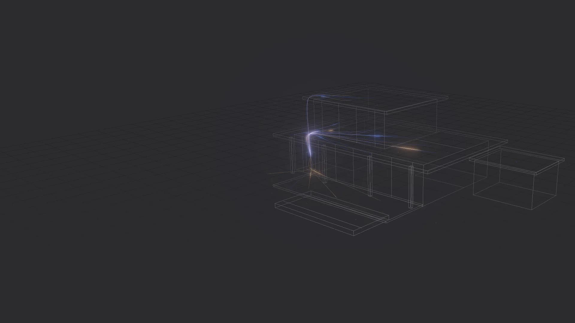 Wireframe model of a modern villa with glowing network signals connecting every room
